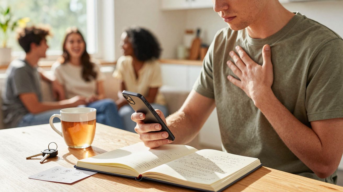 Homem com mão no peito, segura telemóvel, em frente a um livro aberto com chá e chaves na mesa, pessoas ao fundo.