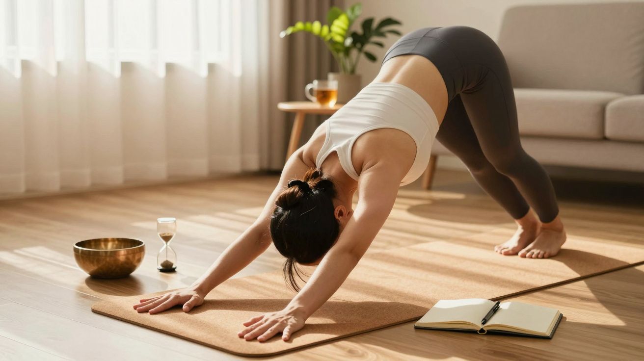 Mulher praticando yoga em casa, em posição de cão olhando para baixo, com objetos de relaxamento ao redor.
