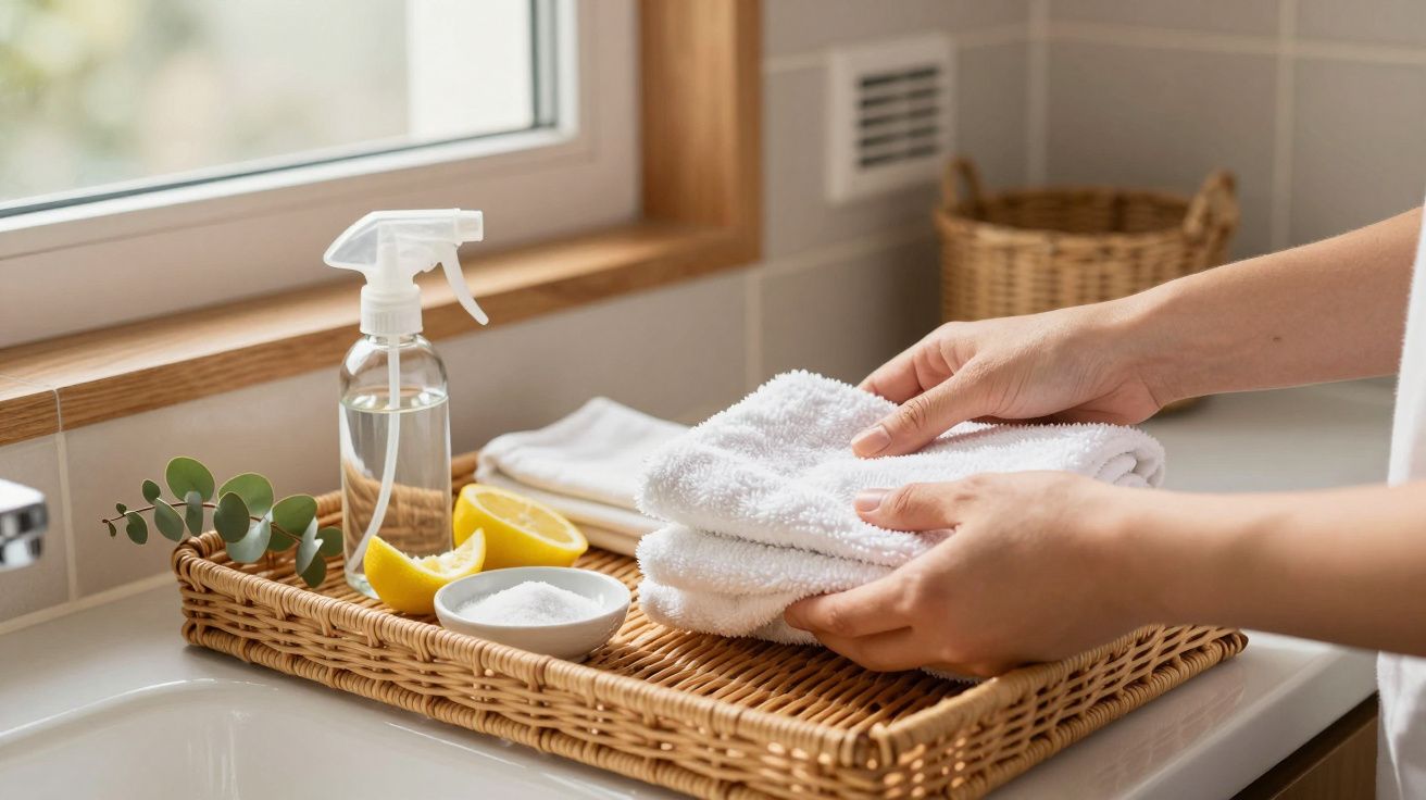 Mãos organizam toalhas brancas numa bandeja de vime com limão, garrafa spray e pó branco ao lado de janela.