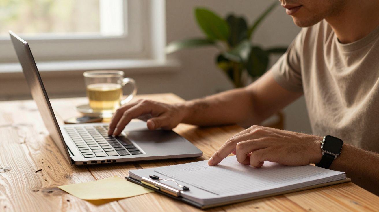 Homem a trabalhar num portátil com um caderno ao lado, numa mesa de madeira com chávena de chá e planta ao fundo.