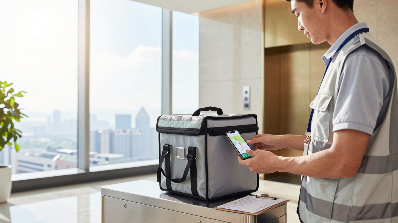 Homem de uniforme verifica smartphone ao lado de saco térmico cinza em ambiente moderno com grandes janelas.