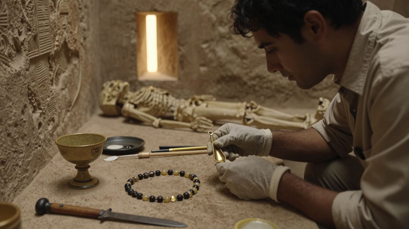 Arqueólogo analisa artefato em câmara antiga, com esqueleto e objetos históricos ao fundo.