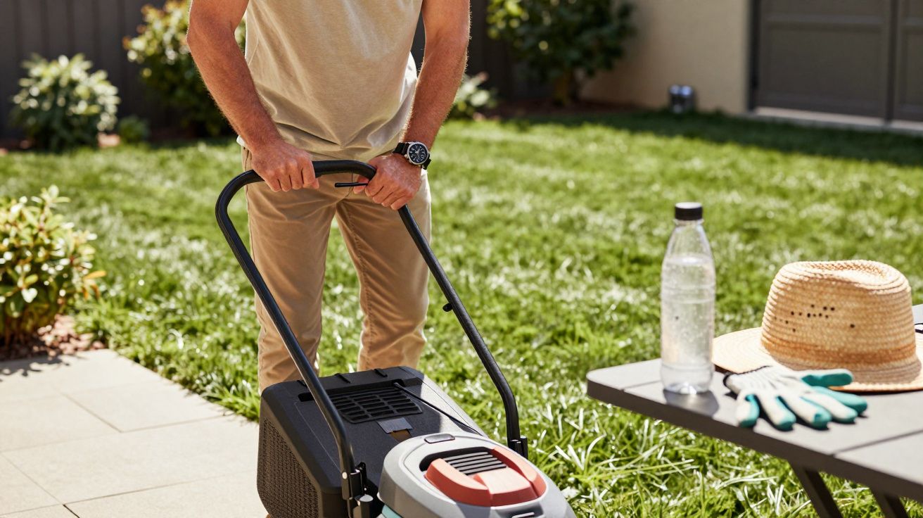 Homem corta relva com cortador, mesa com chapéu, garrafa e luvas ao lado, num jardim ensolarado.