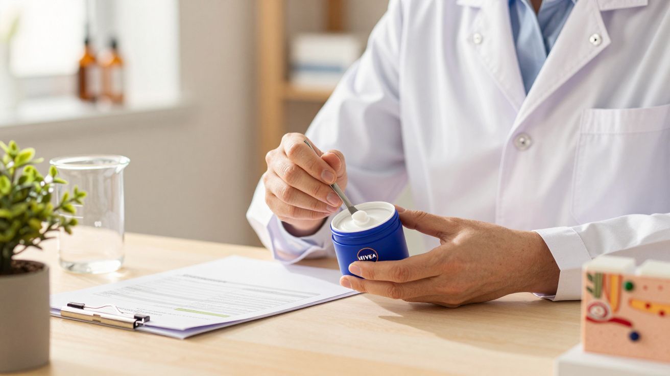 Pessoa de bata branca a aplicar creme num frasco azul Nivea sobre mesa de madeira com documentos e planta.