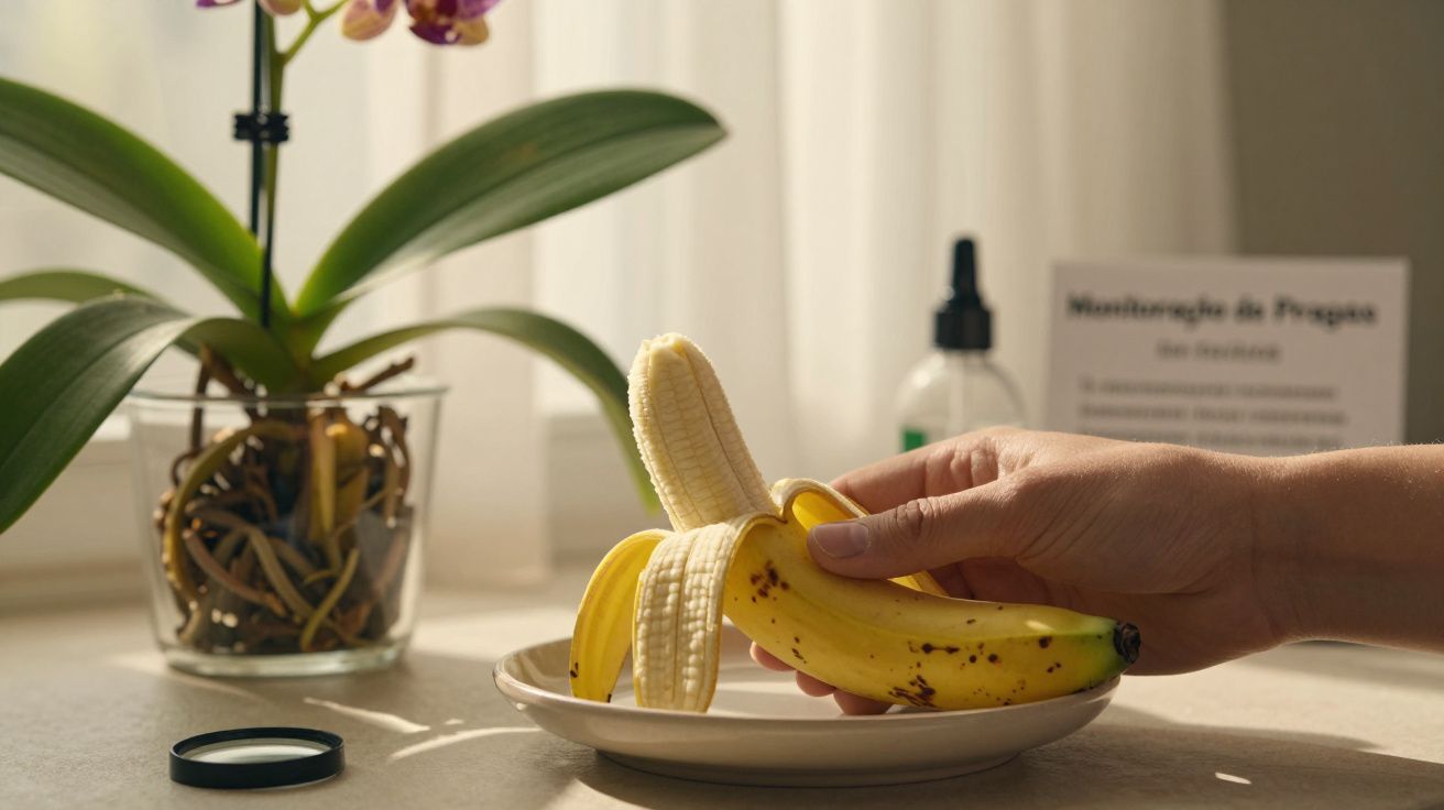 Mão a descascar uma banana num prato, ao lado de uma orquídea em vaso. Fundo com janela ensolarada e rótulo desfocado.