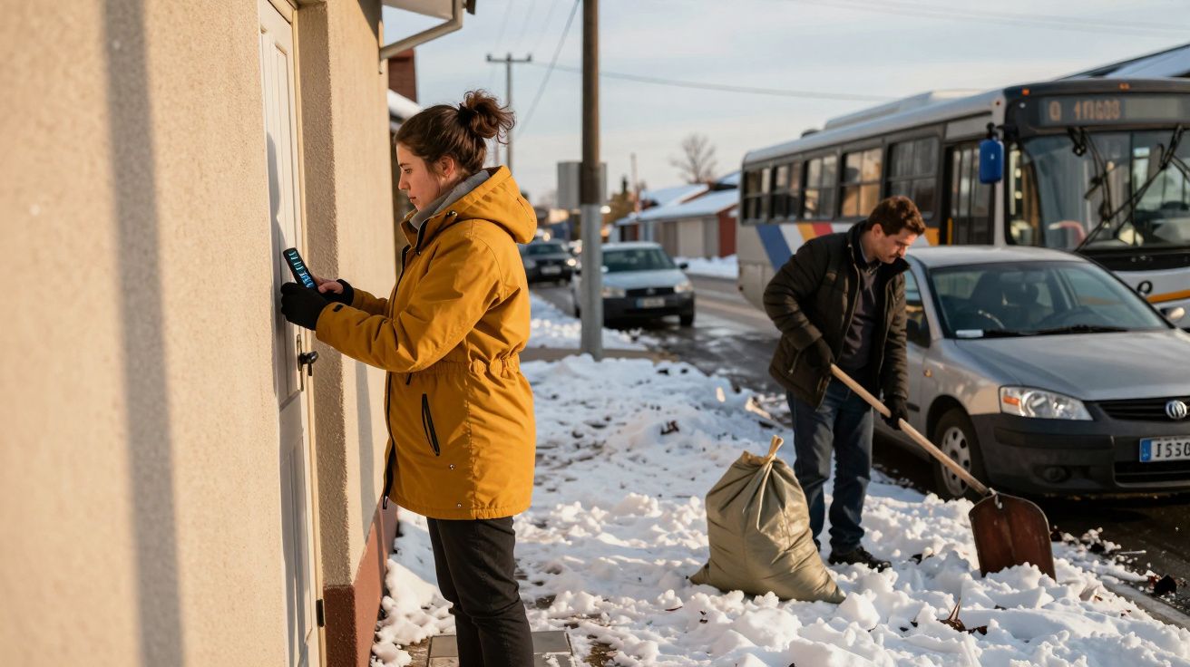 Mulher com casaco amarelo abre uma porta, enquanto um homem remove neve junto a um carro e autocarro na rua.