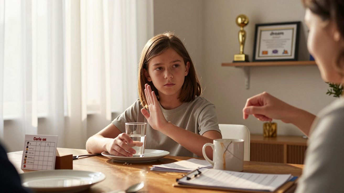 Menina recusa bebida enquanto conversa com adulto à mesa, com luz solar suave entrando pela janela.