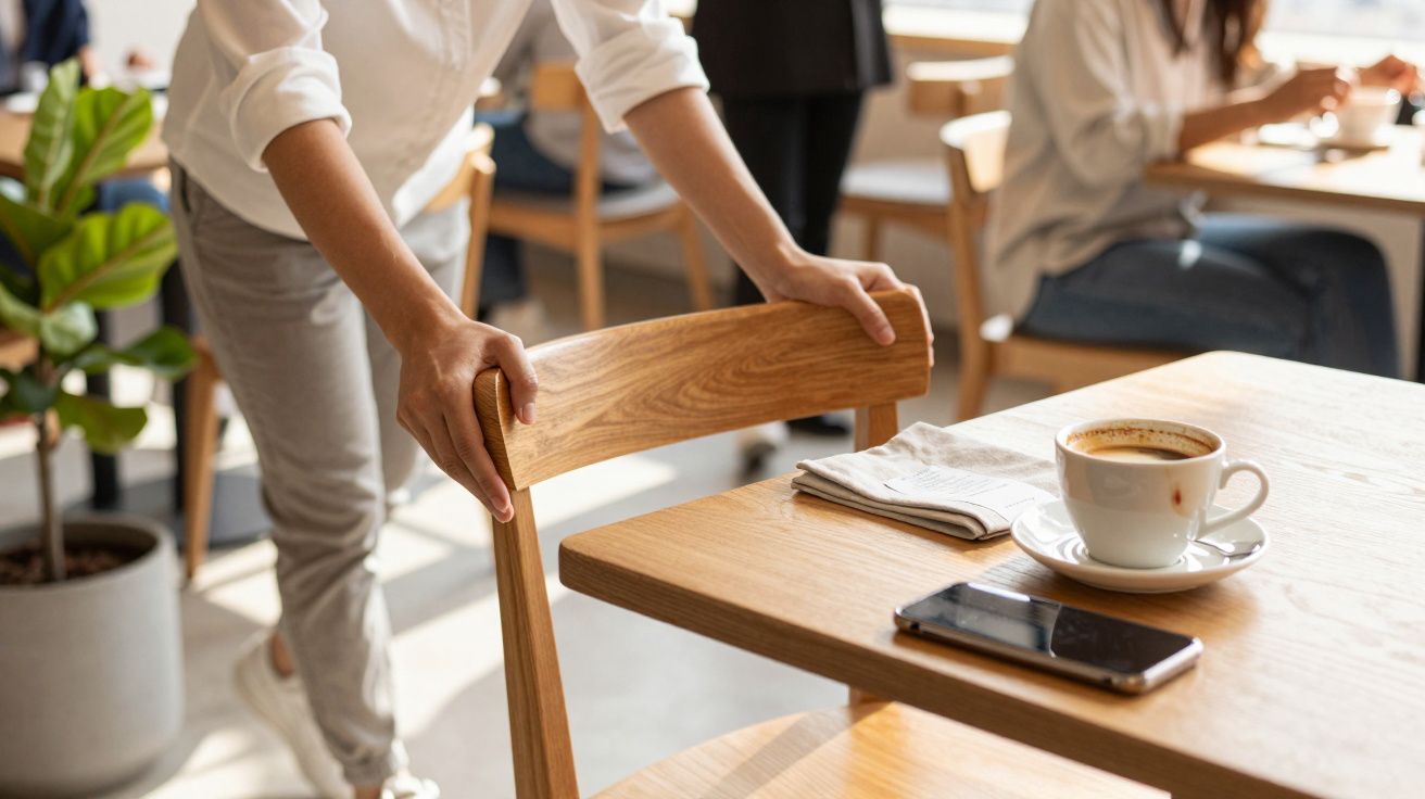 Pessoa ajusta cadeira numa mesa de café, com chávena, guardanapos e telemóvel. Ambiente de cafeteria iluminado.