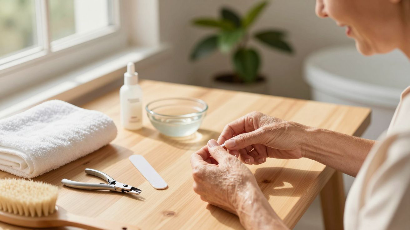 Pessoa a cuidar das unhas, com toalha, tigela de água e utensílios de manicure sobre a mesa de madeira.