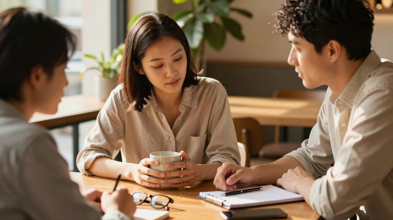 Três pessoas numa reunião à mesa, uma mulher segura uma caneca, enquanto dois homens tomam notas num bloco.