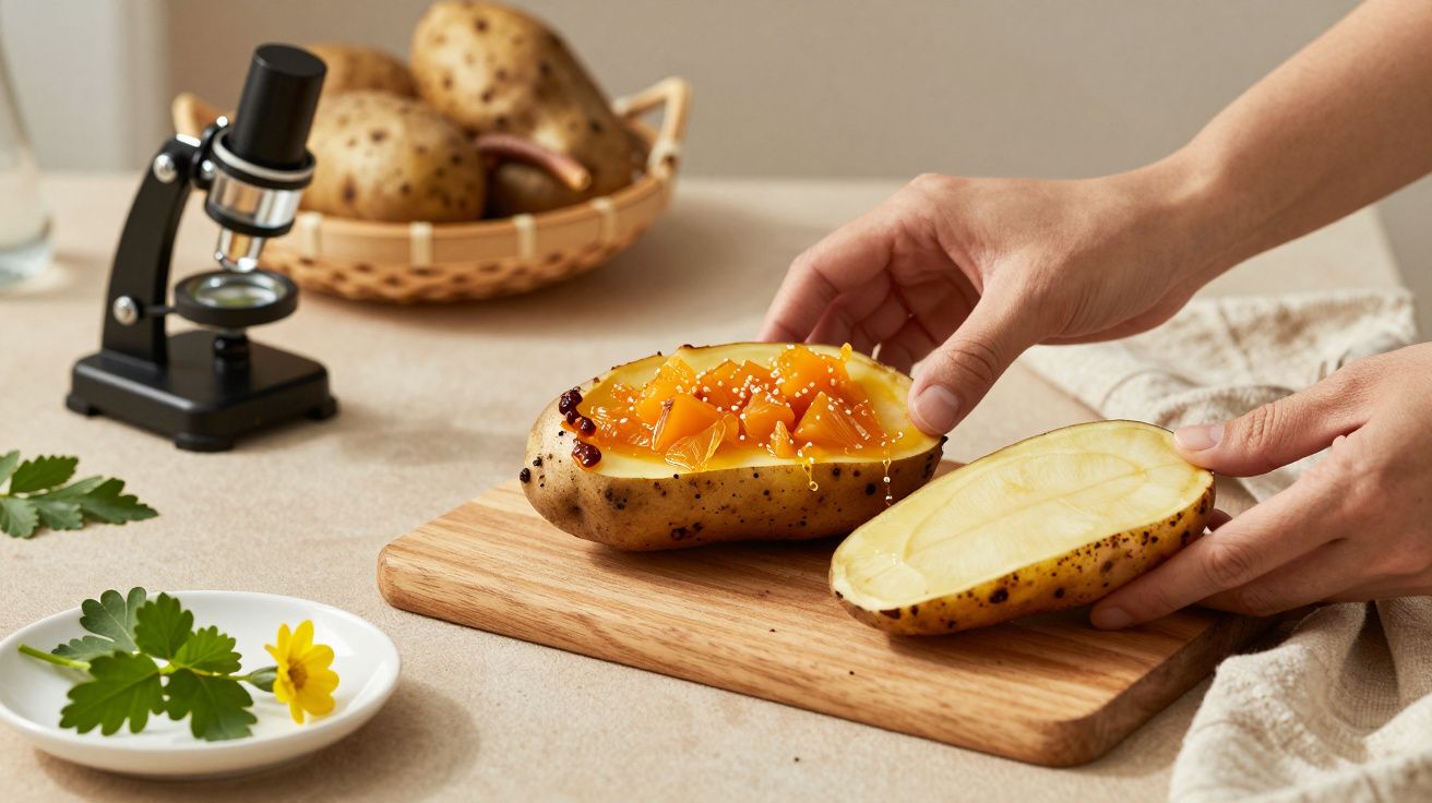 Mão segura batata recheada sobre tábua de cortar; microscópio e cesto de batatas desfocados ao fundo.