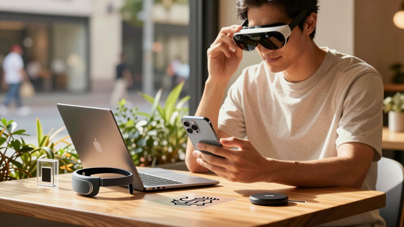 Homem sentado num café usa óculos de realidade virtual enquanto verifica o telemóvel ao lado de um portátil e acessórios.