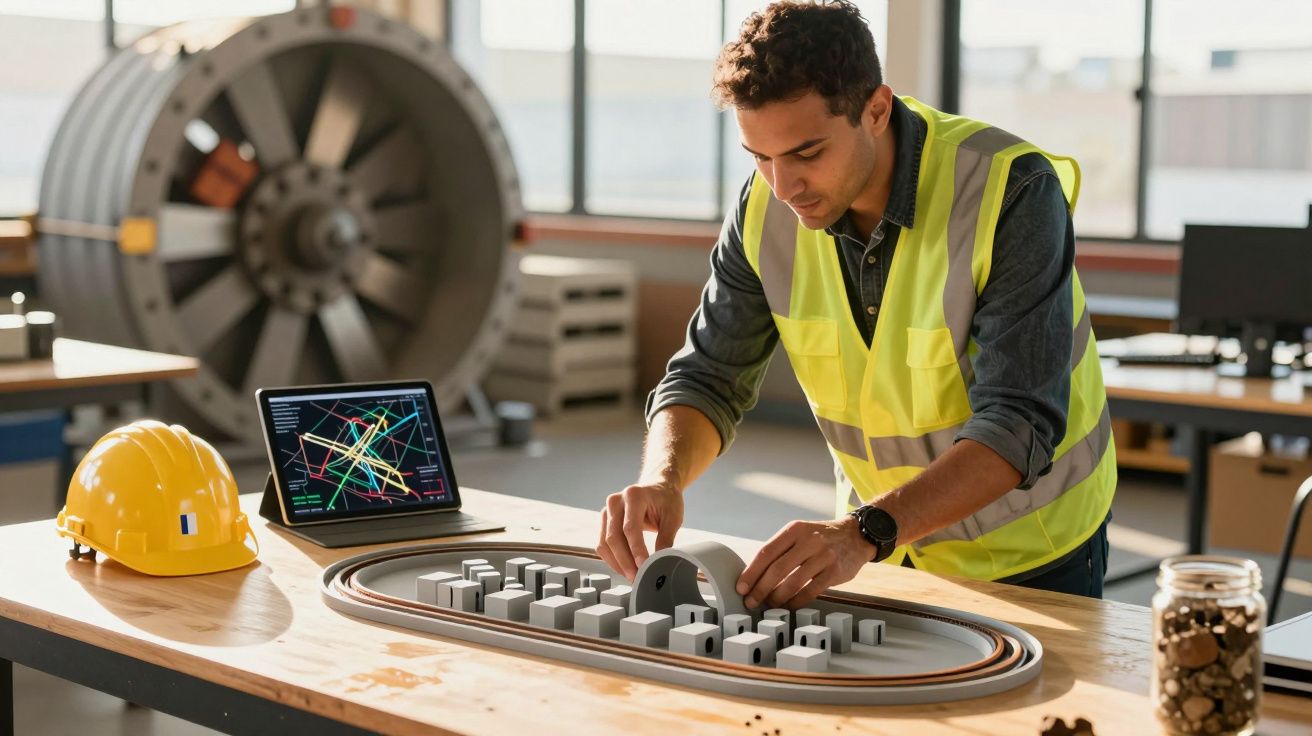 Homem com colete de segurança ajusta maquete de cidade em escritório industrial, com capacete e laptop ao lado.