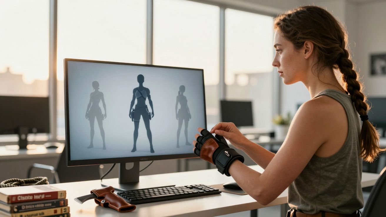 Mulher sentada em frente a um computador, ajustando avatares 3D com luvas táteis numa sala iluminada pelo sol.