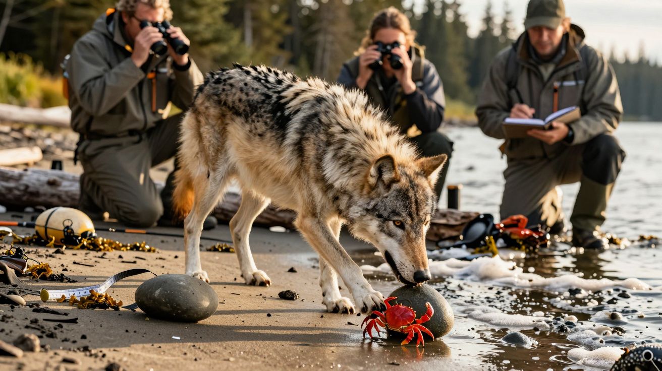 Lobo investiga caranguejo na praia enquanto três pessoas observam e tiram fotografias ao fundo.