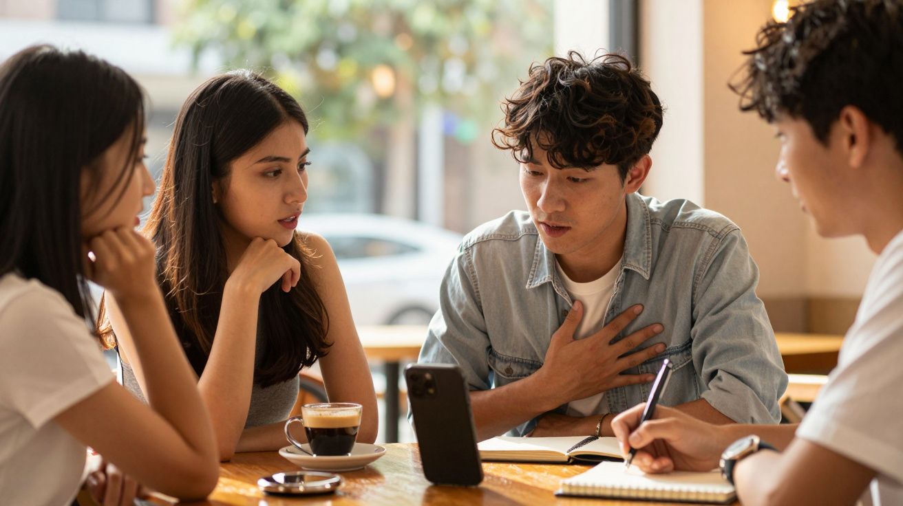 Quatro jovens discutem em grupo numa cafetaria, com café e caderno sobre a mesa.