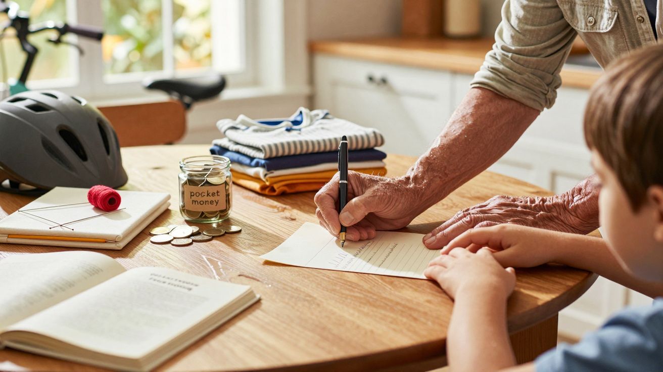 Adulto escreve numa folha com criança ao lado; jarro de moedas, livros e roupas ao fundo.