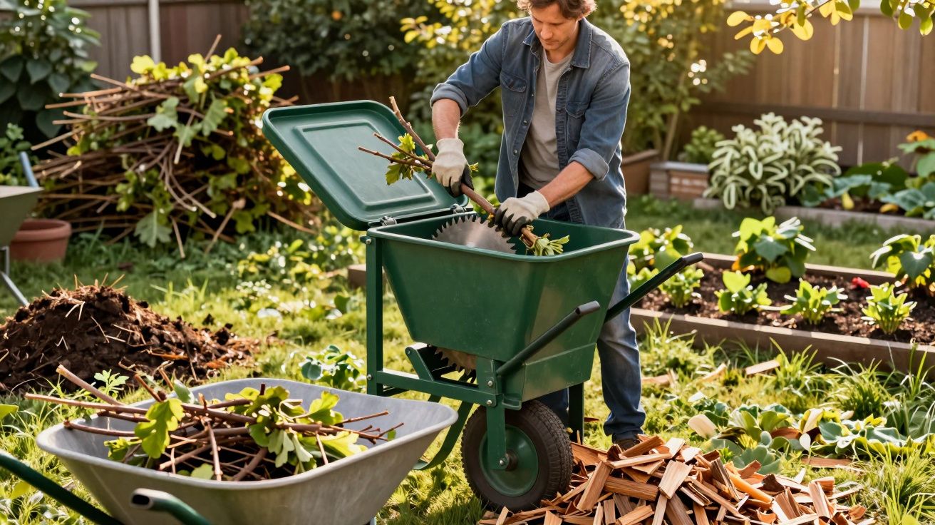 Homem de luvas corta ramos em trituradora no jardim, rodeado por pilhas de ramos e plantas.