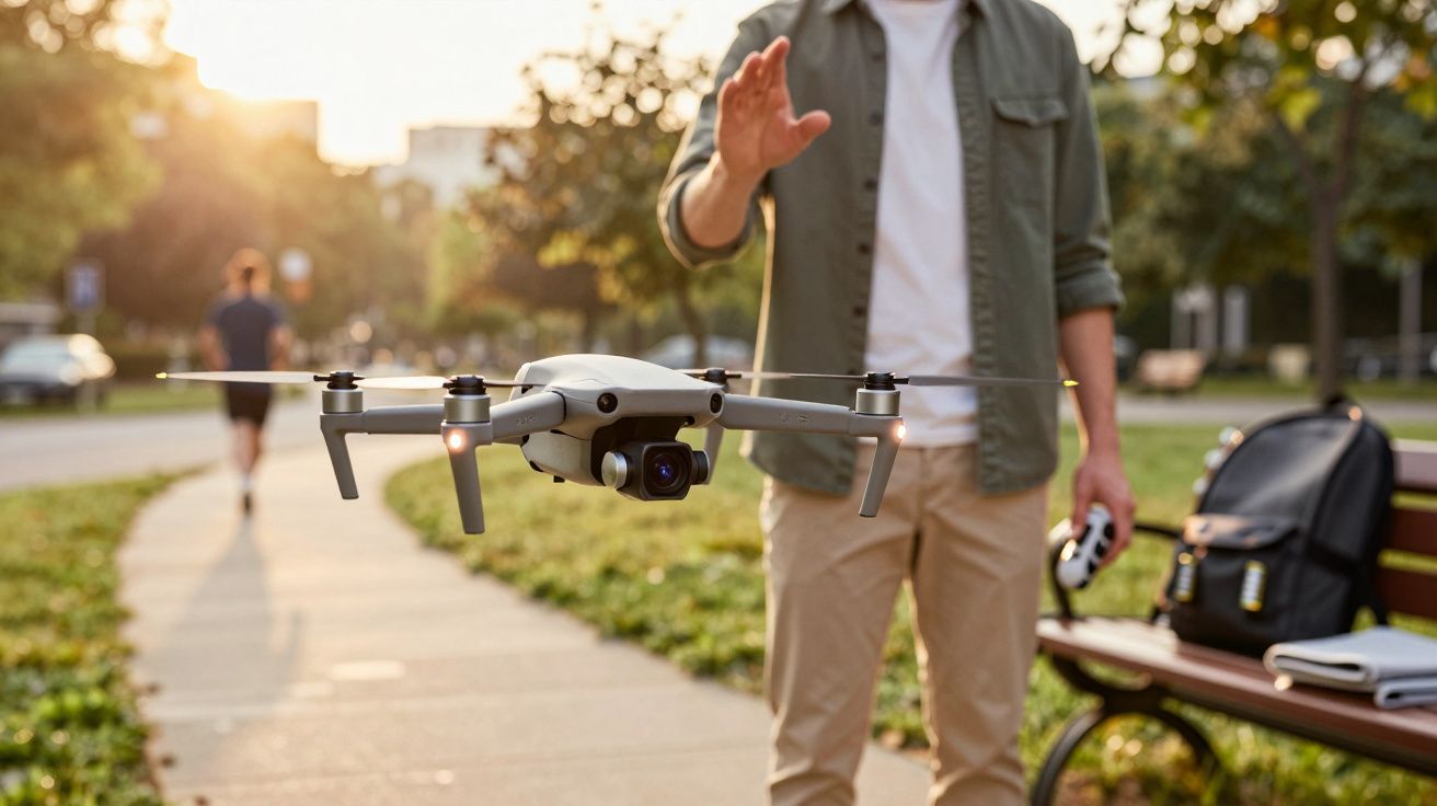 Homem a pilotar um drone ao ar livre, numa área ensolarada, com mochila e controlador num banco ao lado.