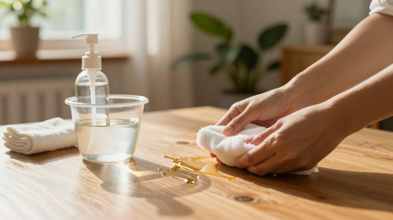 Mãos limpando derrame de líquido numa mesa de madeira com pano branco e recipiente de água na luz do sol.