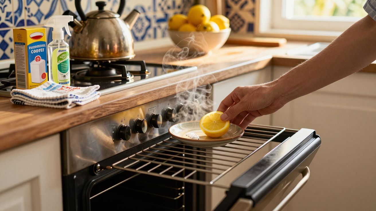 Mão colocando limão numa travessa dentro do forno. Chaleira e itens de cozinha sobre bancada ao fundo.