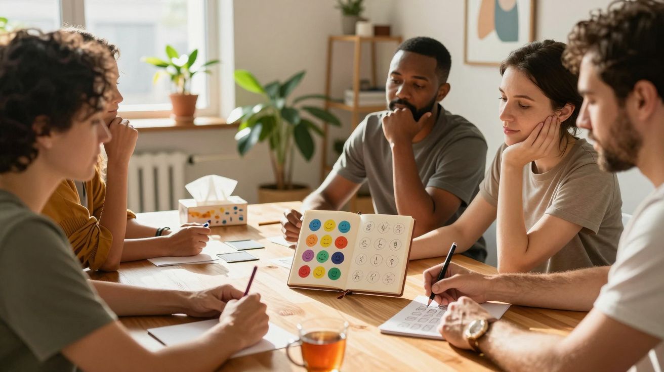 Grupo de cinco pessoas em reunião, discutindo gráficos coloridos, à volta de uma mesa com plantas ao fundo.