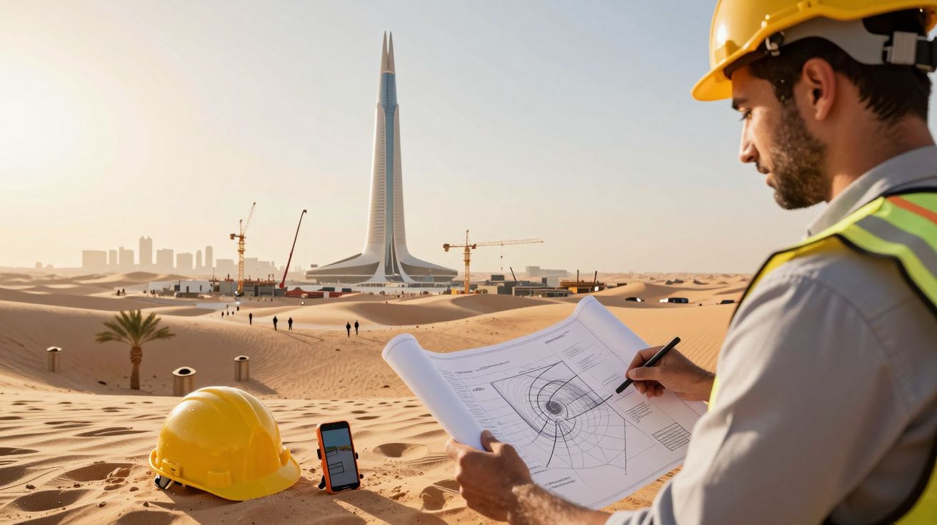 Engenheiro analisa planta arquitetónica no deserto, edifício futurista e guindastes ao fundo, num local de construção.