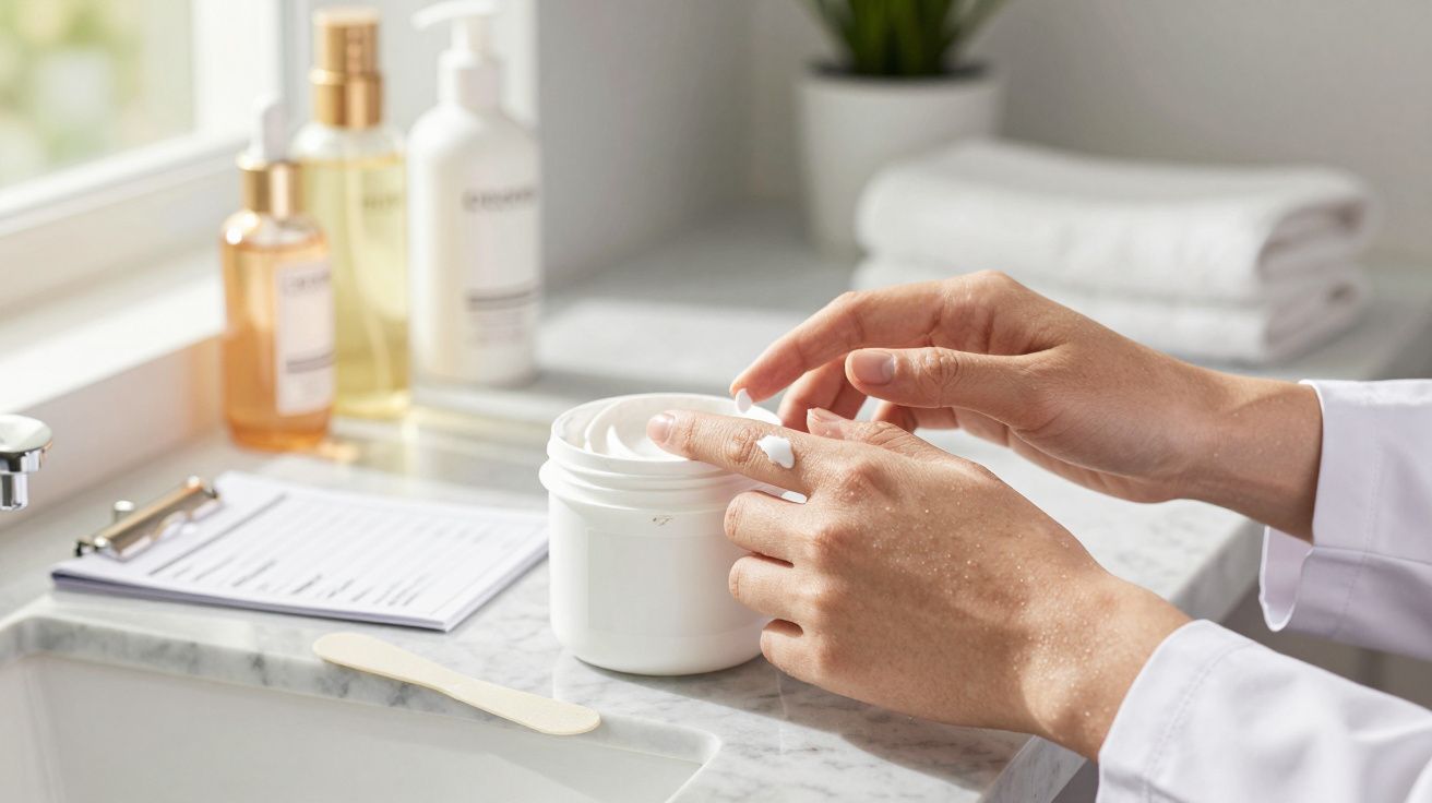 Mãos aplicando creme de um pote branco em lavatório com produtos de cuidados pessoais e toalhas ao fundo.