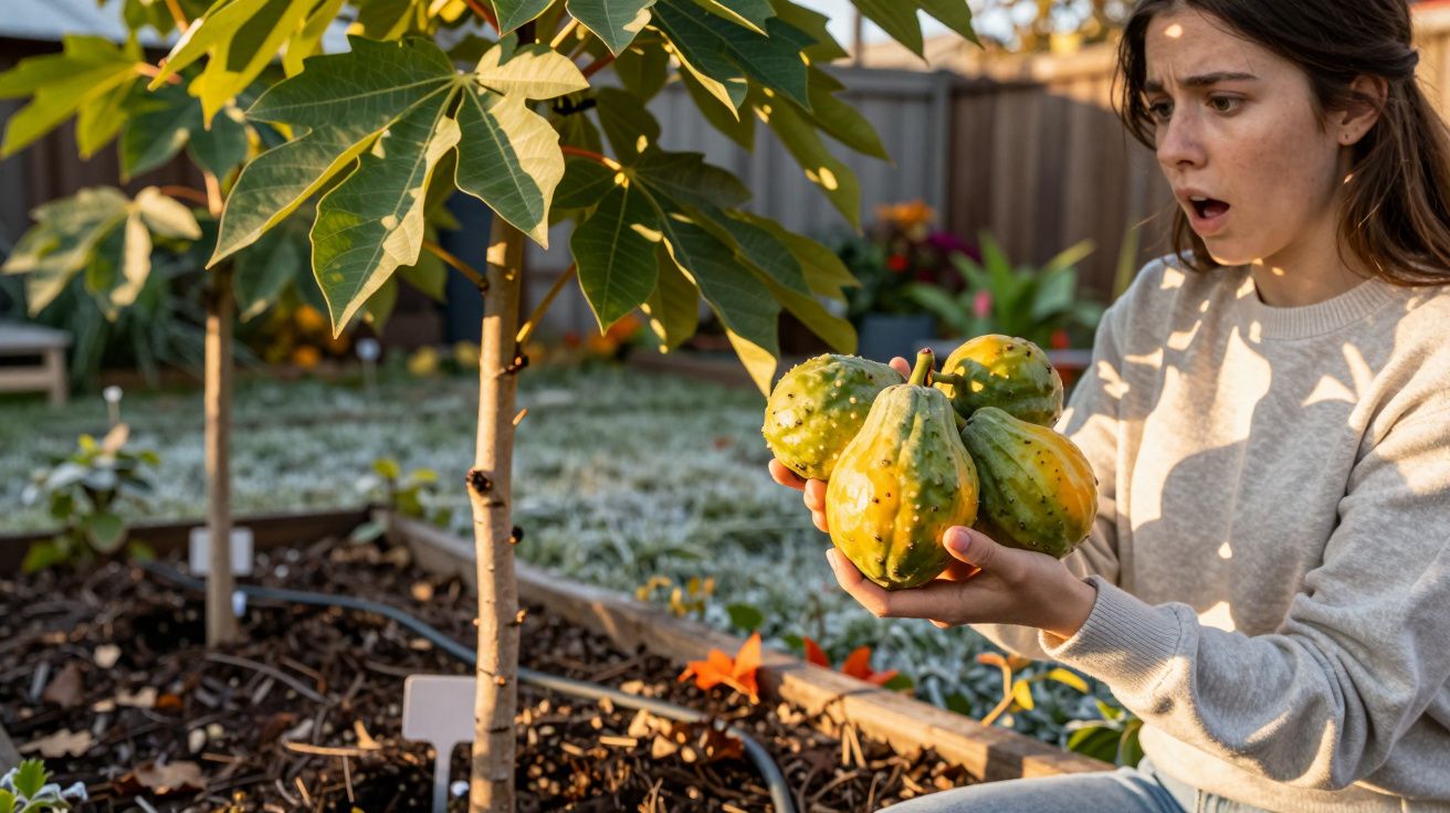 Mulher surpresa segura abóboras pequenas no jardim, ao lado de uma árvore jovem.