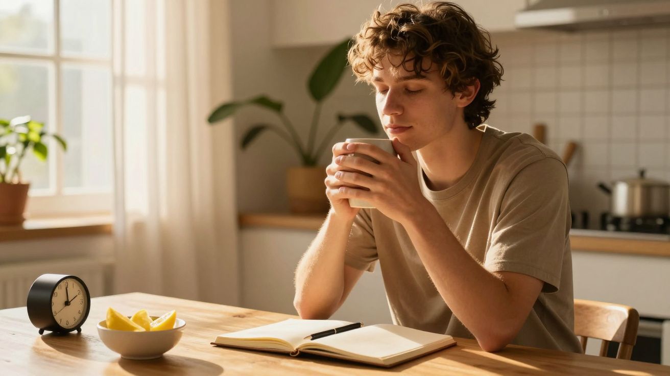 Homem sentado à mesa com caderno e chá, luz da manhã ilumina a cozinha ao fundo.