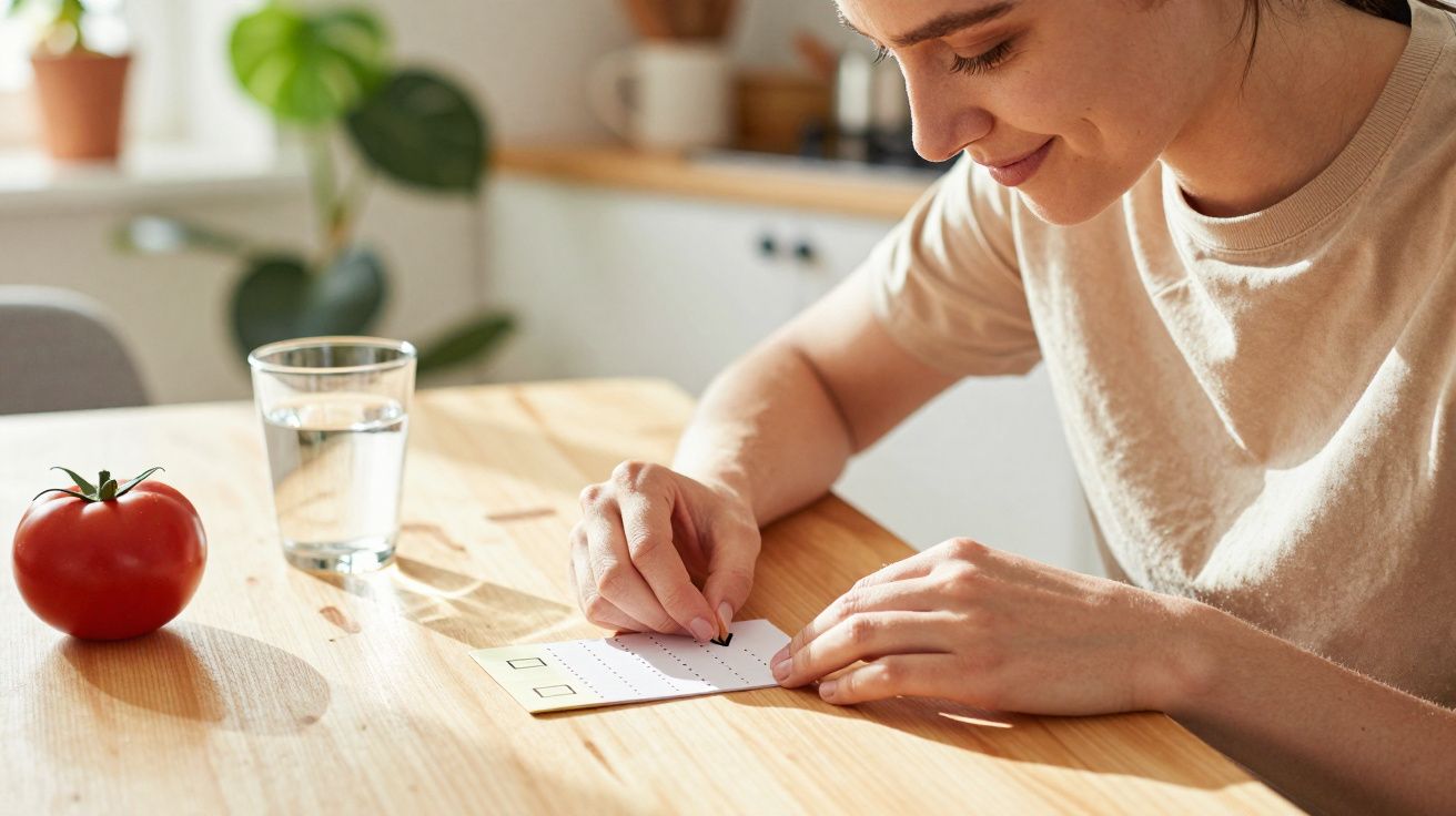 Mulher focada bordando em cartão numa mesa de madeira, ao lado de um copo de água e um tomate.