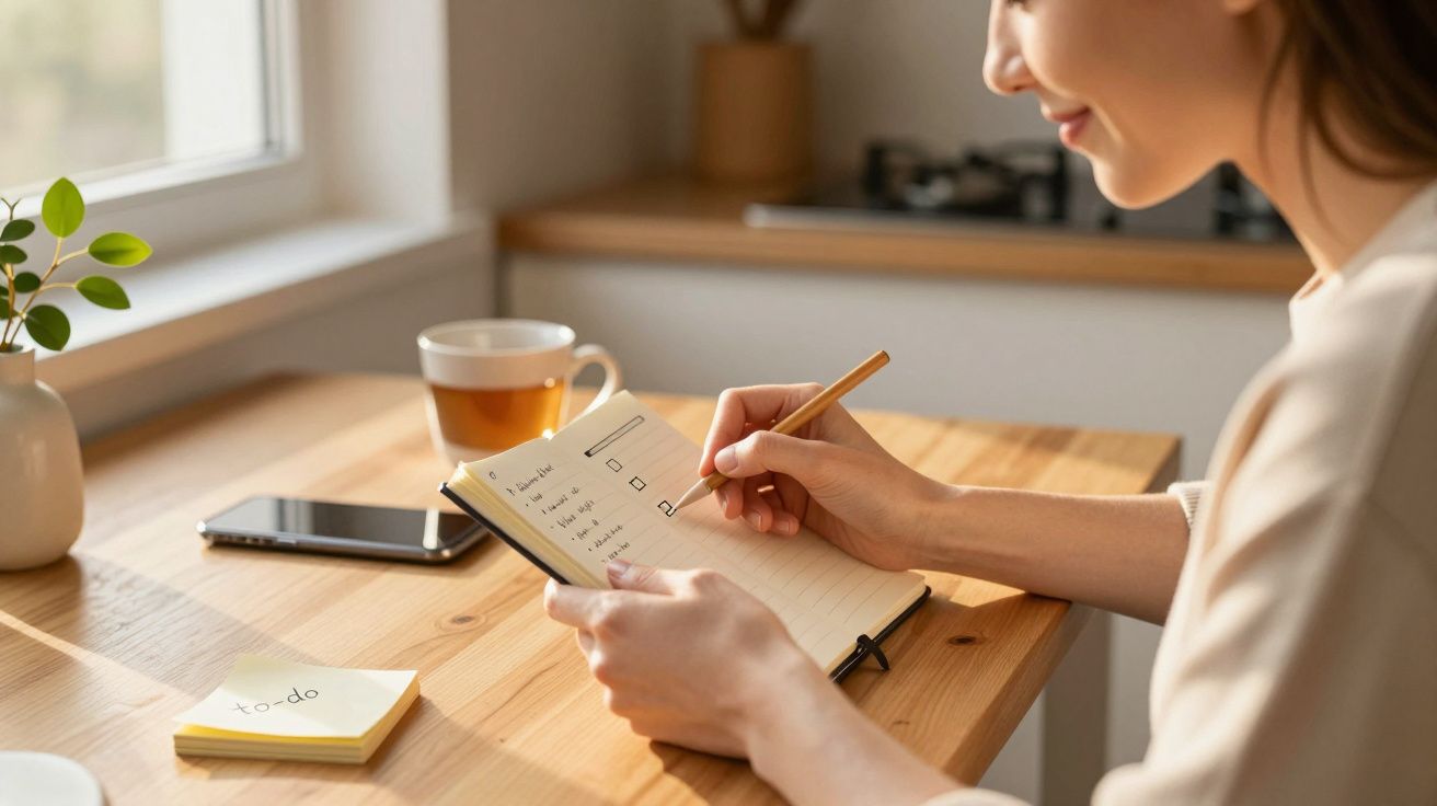 Mulher escreve lista de tarefas em caderno sobre mesa de madeira, ao lado de chávena de chá e smartphone.