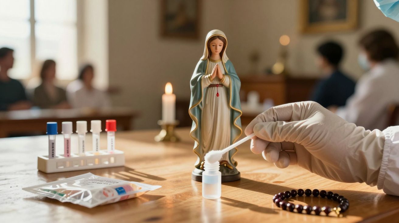 Estátua de Nossa Senhora em mesa com kit de teste e contas de rosário, pessoas ao fundo desfocadas.