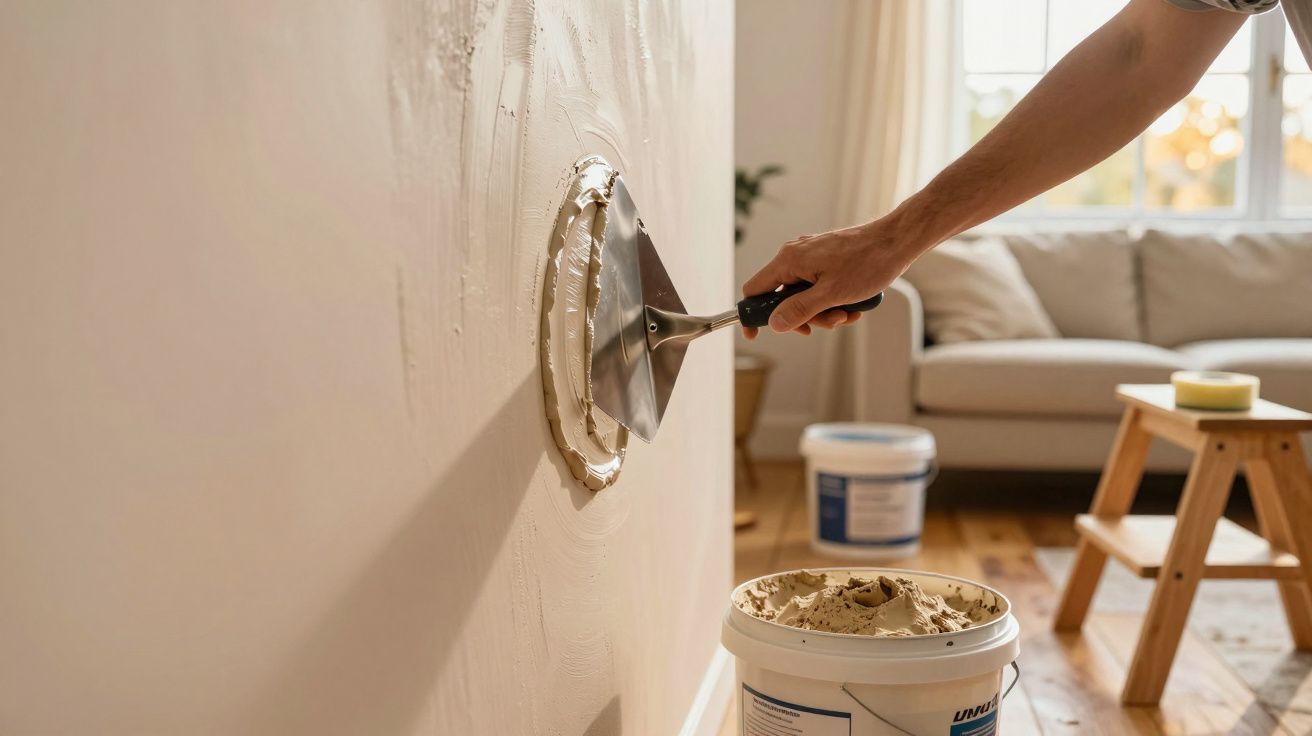 Pessoa aplica massa na parede com espátula, sofá e janela ao fundo numa sala iluminada.