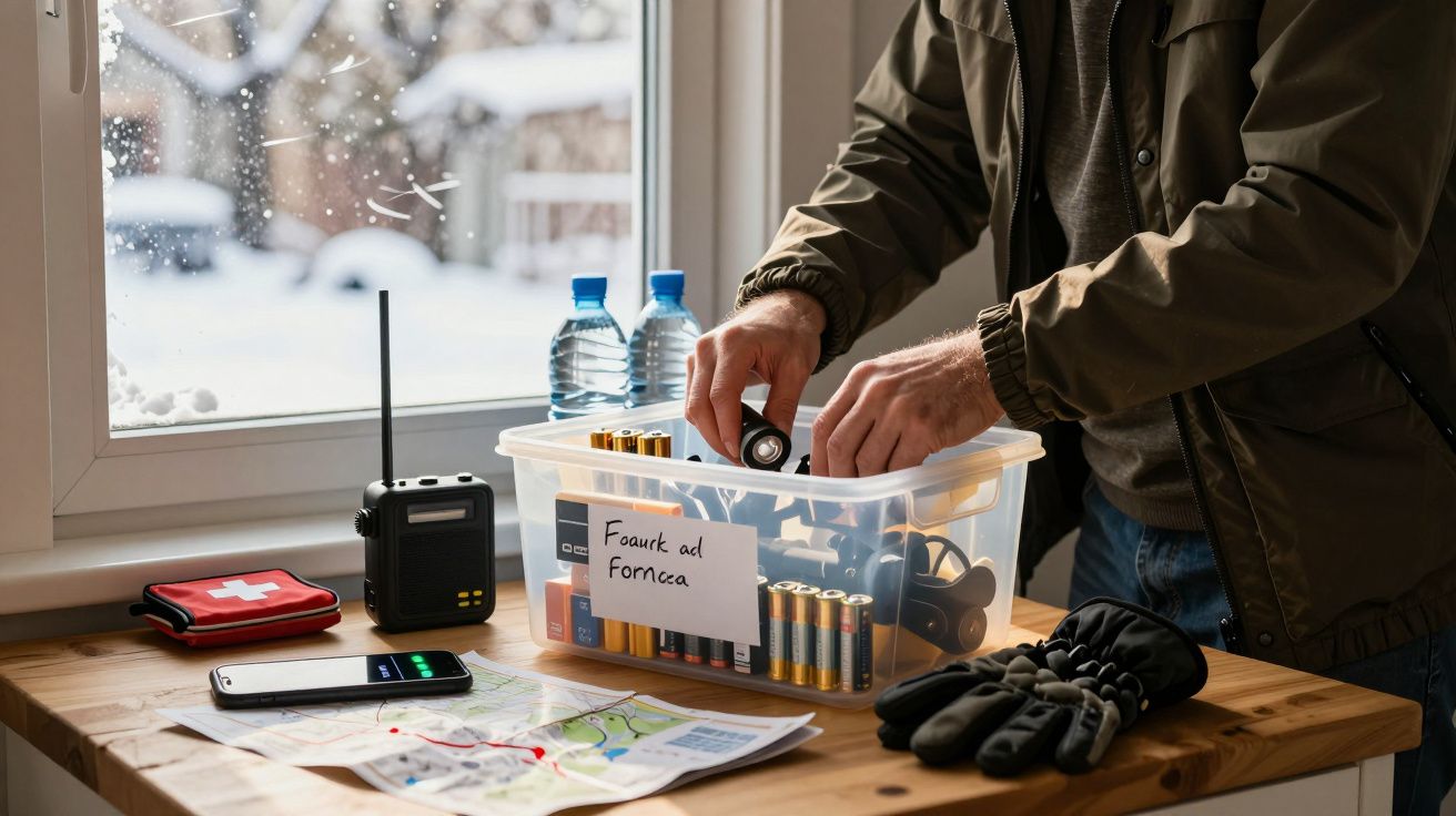 Homem organiza caixa de emergência com lanterna, pilhas e rádio sobre mesa junto a janela com neve lá fora.