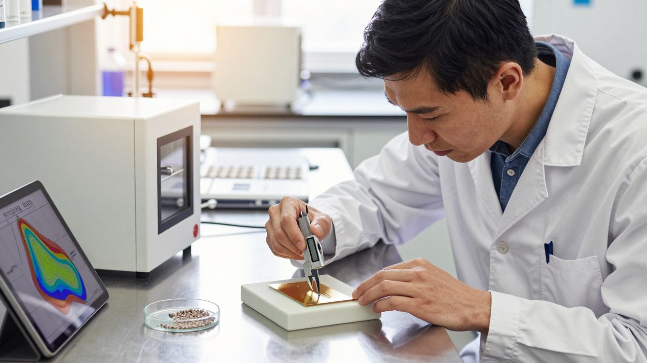 Cientista em laboratório analisa amostra com ferramentas de medição, tabela mostra gráfico de dados.
