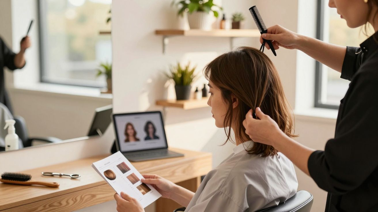 Cabeleireiro a pentear cliente sentada, que segura uma brochura sobre cores de cabelo; laptop com imagens à frente.