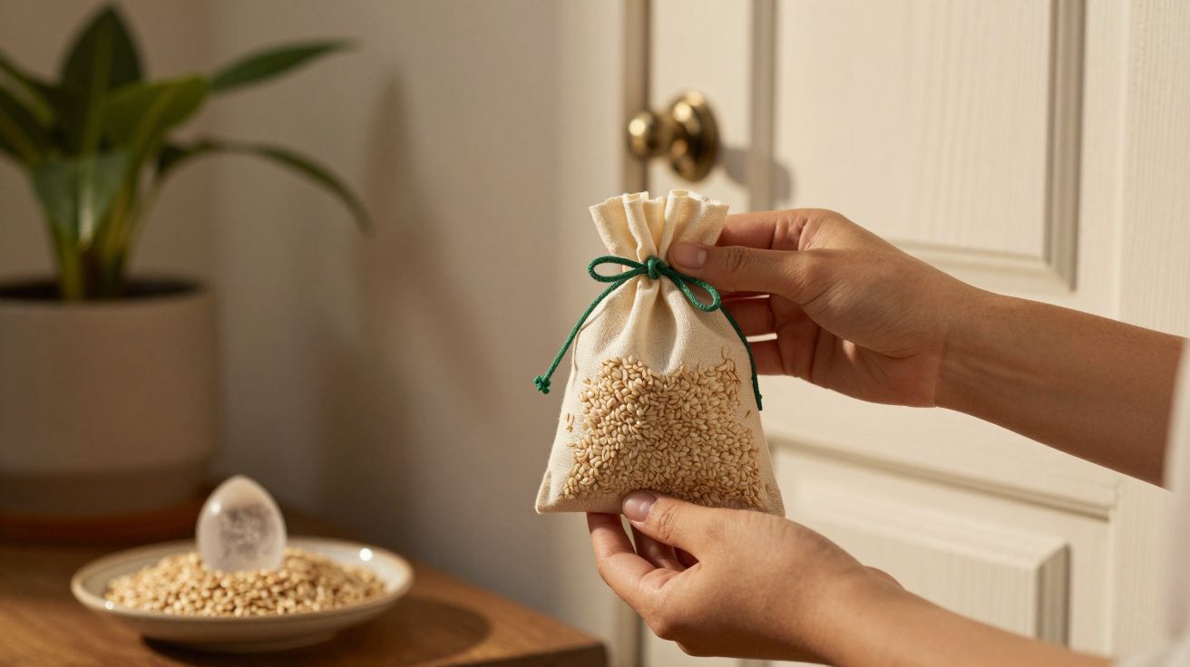 Mãos seguram saco de pano com grãos, planta em vaso e prato ao fundo sobre mesa de madeira.
