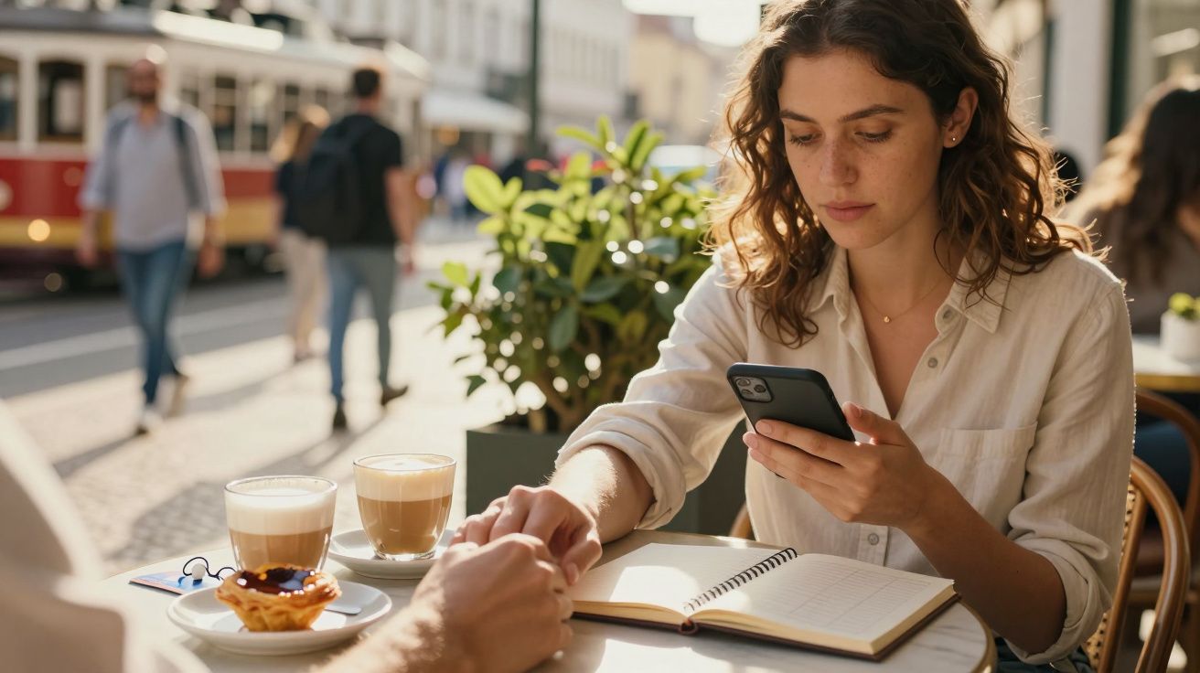 Mulher sentada em esplanada com telemóvel na mão, café e pastel na mesa, elétrico ao fundo.