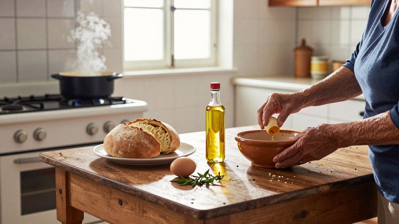 Pessoa a preparar refeição na cozinha rústica, com pão, azeite e ovo numa mesa de madeira. Fogão ao fundo.