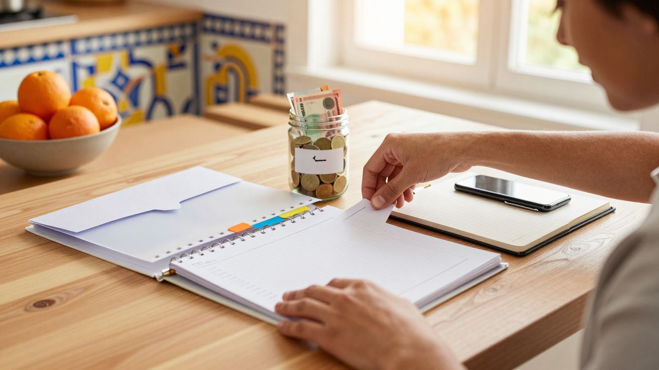 Pessoa organiza caderno em mesa de cozinha, com frasco de moedas e notas, caderno e smartphone ao lado.