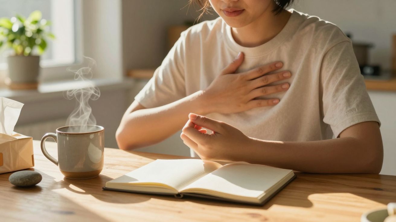 Pessoa com uma mão no peito, sentada à mesa com uma chávena de chá fumegante e um caderno aberto.