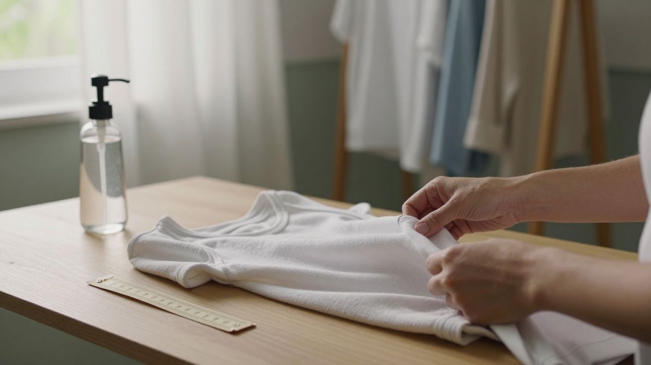 Mãos dobram uma camisola branca numa mesa de madeira, ao lado de um dispensador de sabão e uma régua.