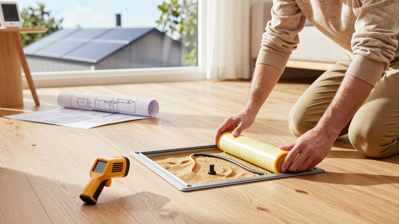 Pessoa instala aquecimento radiante no chão de madeira, com ferramenta de medição e projeto ao fundo.