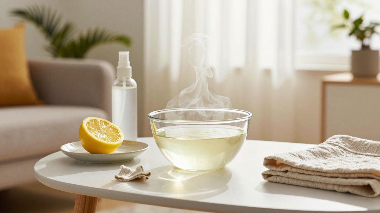 Tigela de vidro com água a ferver, meio limão, frasco spray e toalhas sobre mesa. Sala ao fundo com plantas.