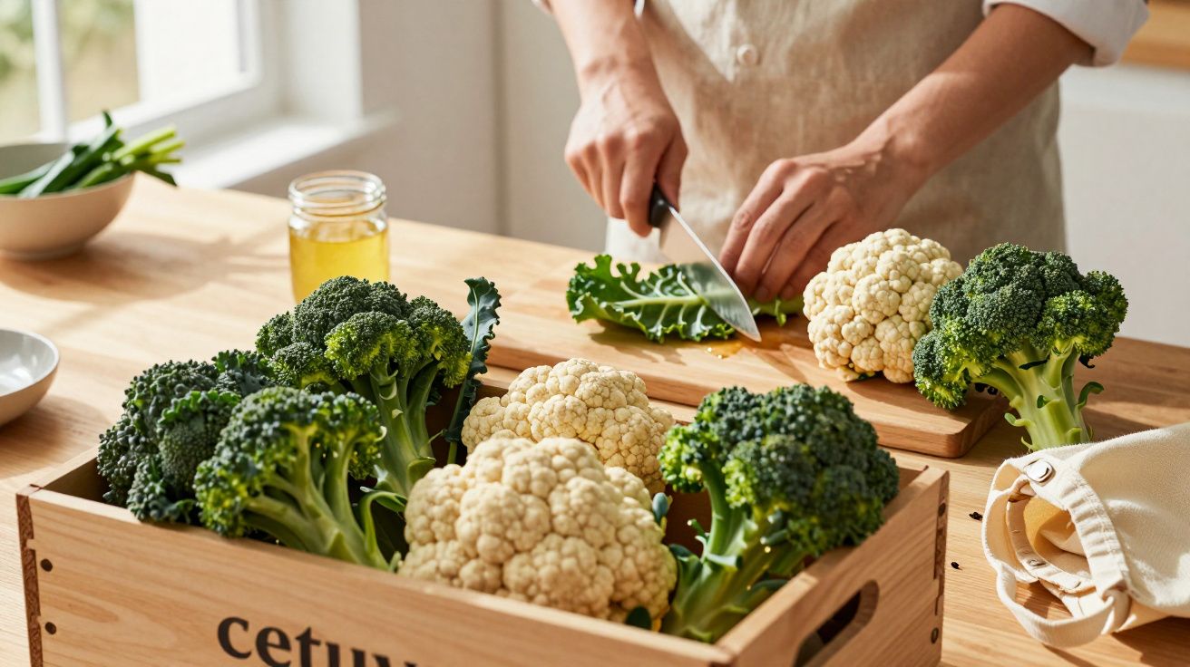 Pessoa a cortar couve-flor e brócolos frescos numa tábua de cozinha iluminada pelo sol.