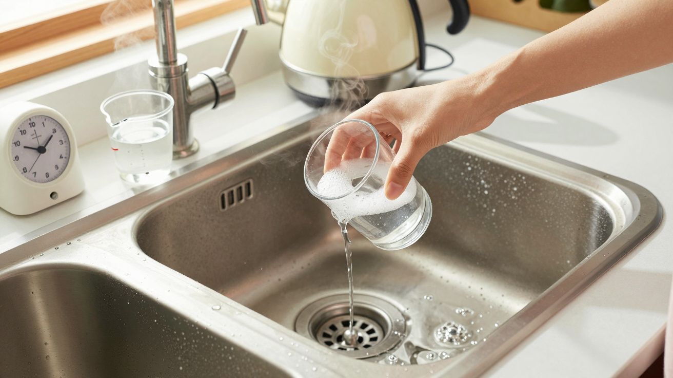 Mão a despejar água quente num lava-loiça inox com copo ao lado e chaleira ao fundo.