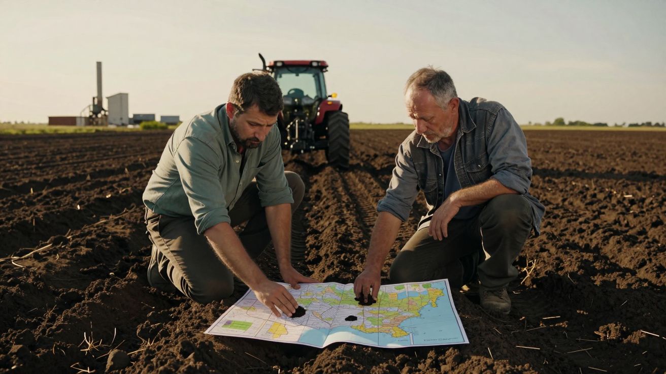 Dois homens analisam um mapa em campo arado ao lado de um trator vermelho.