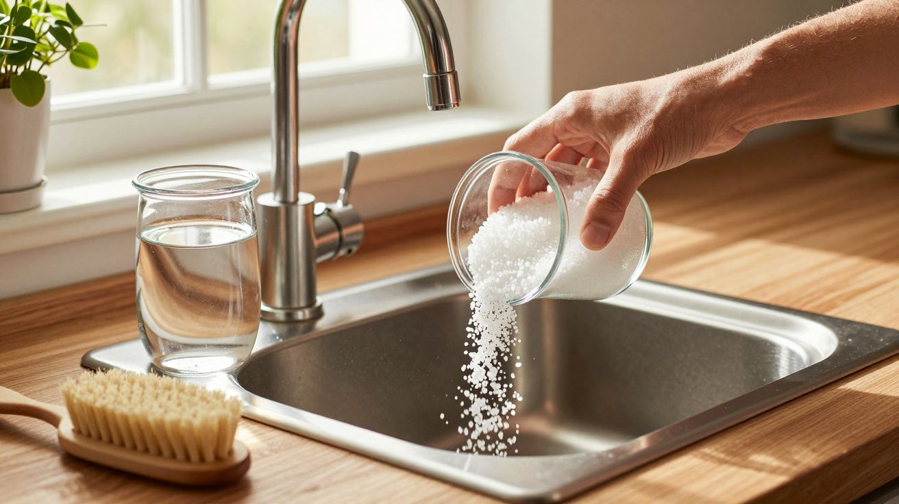 Mão despejando sal na pia da cozinha, com copo de água e escova ao lado.
