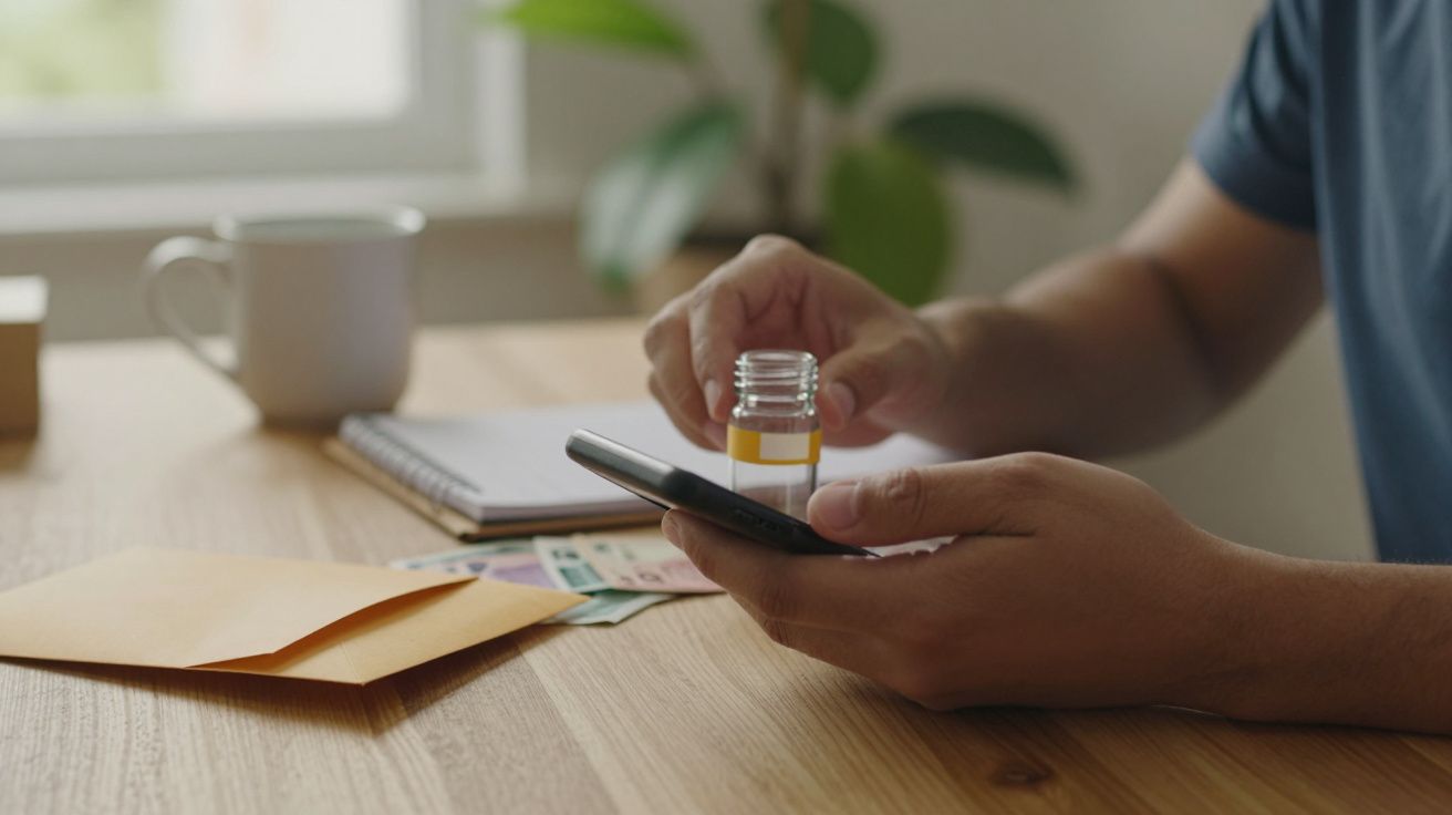 Pessoa a segurar um telemóvel e uma garrafa pequena, com envelopes e notas na mesa de madeira.